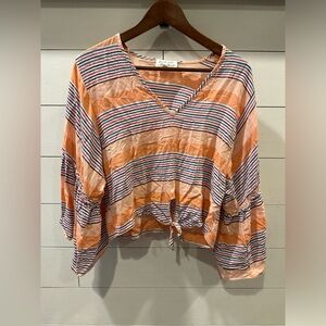 Lavender Field Orange and Blue Striped V-Neck Blouse- size Medium